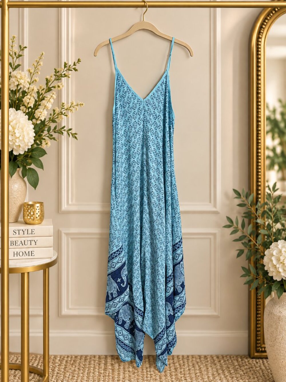 Lady Trendy Italy Boho Elephant Print Handkerchief Maxi Dress Blue One Size